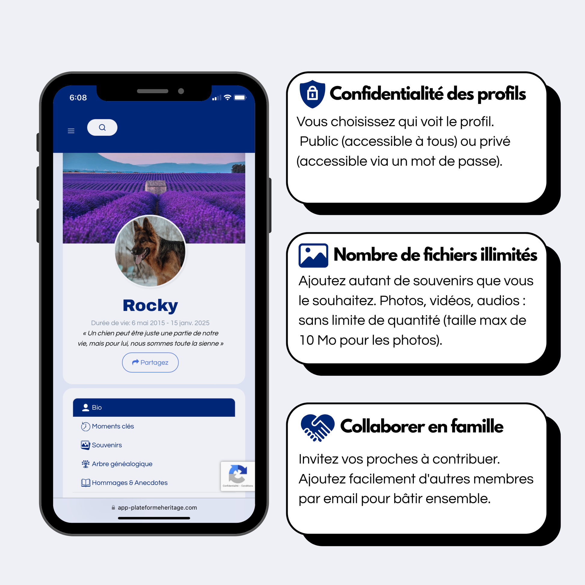 Profil souvenir d’animal sur la Plateforme Heritage affiché sur un téléphone mobile, mettant en avant la confidentialité, le nombre illimité de fichiers (photos, vidéos, audios) et la collaboration familiale.