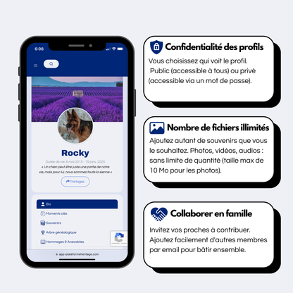 Profil souvenir d’animal sur la Plateforme Heritage affiché sur un téléphone mobile, mettant en avant la confidentialité, le nombre illimité de fichiers (photos, vidéos, audios) et la collaboration familiale.